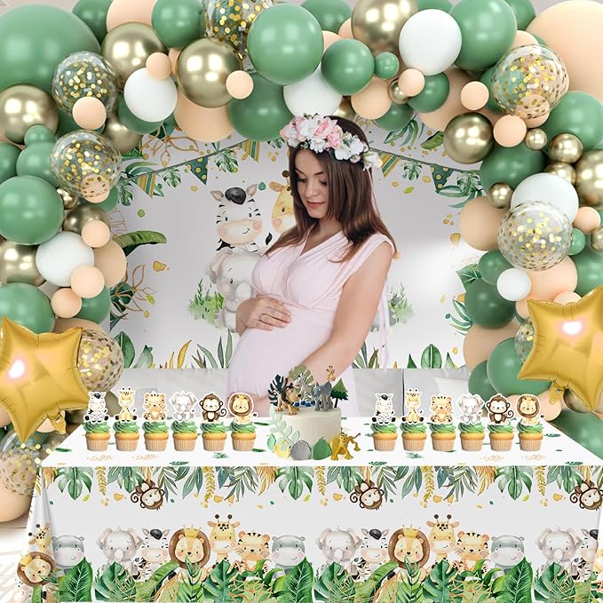 Sage Green Baby Shower Decorations for Girl Boy, Neutral Party Supplies - Green Balloon Arch Garland Kit, Animal Backdrop Tablecloth for Baby Shower Gender Reveal,Boy Girl Birthday Party decorations