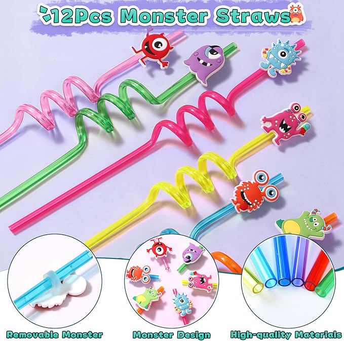 98Pcs Monster Party Favors Birthday Supplies for Kids, Drinking Straw Keychain Slap Bracelet Glow Tattoo Sticker Cartoon Sticker, Goodie Bag Stuffer Filler Girls Boys Monster Party Supplies Decor