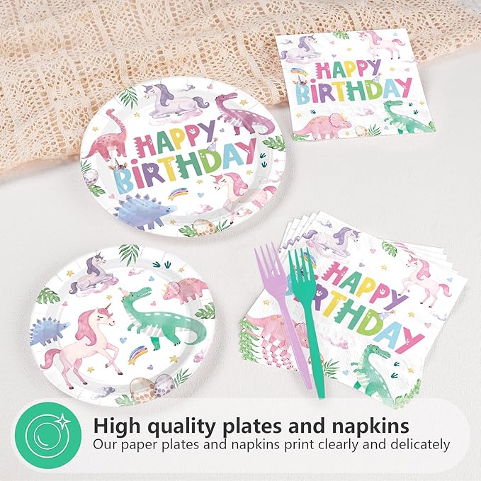 96Pcs Dinosaur Unicorn Birthday Party Decorations Dinosaur Unicorn Birthday Plates and Napkins Set Rainbow Dino Decoration for Girls Princess Magical Pastel Pink Rainbow Bday Party Supplies Serves 24