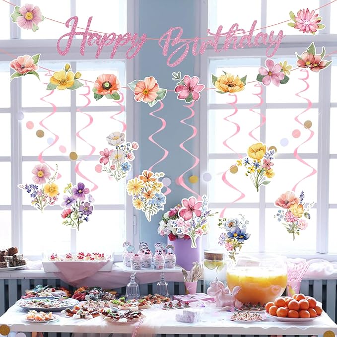 Wildflower Happy Birthday Decorations - 10 Pcs Birthday Party Decorations for Girls Glitter Banner Garland Floral Hanging Swirls Decor Flower Decoration for Women Party Supplies