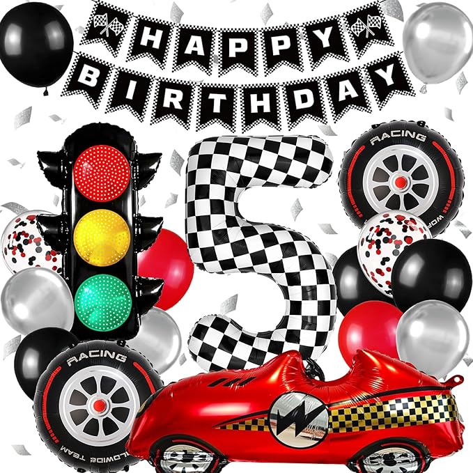 Race Car Birthday Party Decorations, with 40 Inch Number 5 Balloon, Happy Birthday Banner, Traffic Light and Foil Tire Balloon for 5th Car Themed Birthday Party Supplies