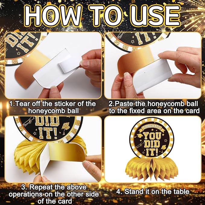 10 PCS Graduation Party Decorations Class of 2026,Gold and Black Congrats Grad Honeycomb Centerpiece for Table Congratulate Graduation Table Toppers for Graduation Party Favor Supplies