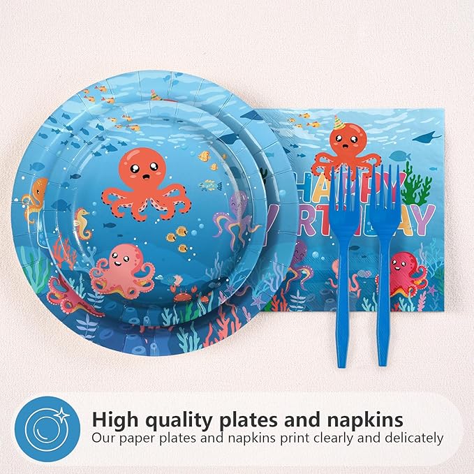 96Pcs Octopus Birthday Party Decorations Under the Sea Plates and Napkins Cute Octopus Ocean Animal Tableware Set for Cute Sea Animals Birthday Baby Shower Supplies, Serves 24