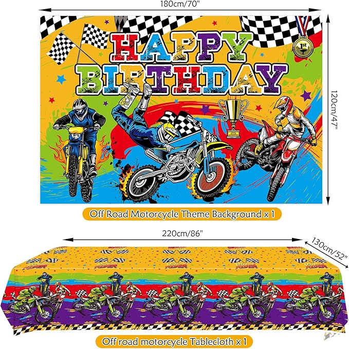 Dirt Bike Party Supplies, Includes Happy Birthday Backdrop, Plate, Napkin, Cups, Cake Toppers, Gift Bags, Tablecloth, for Kids Boys Girls Motorcycle Extreme Sports Theme Birthday Decorations Serve 20