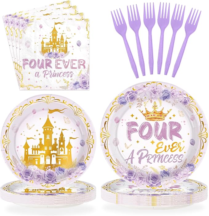 96 Pcs Princess Birthday Party Supplies Purple Four Ever a Princess Plates and Napkins Disposable Purple Castle 4th Tableware Set for Girls 4 Year Old Happy Birthday Party Decorations Serves 24