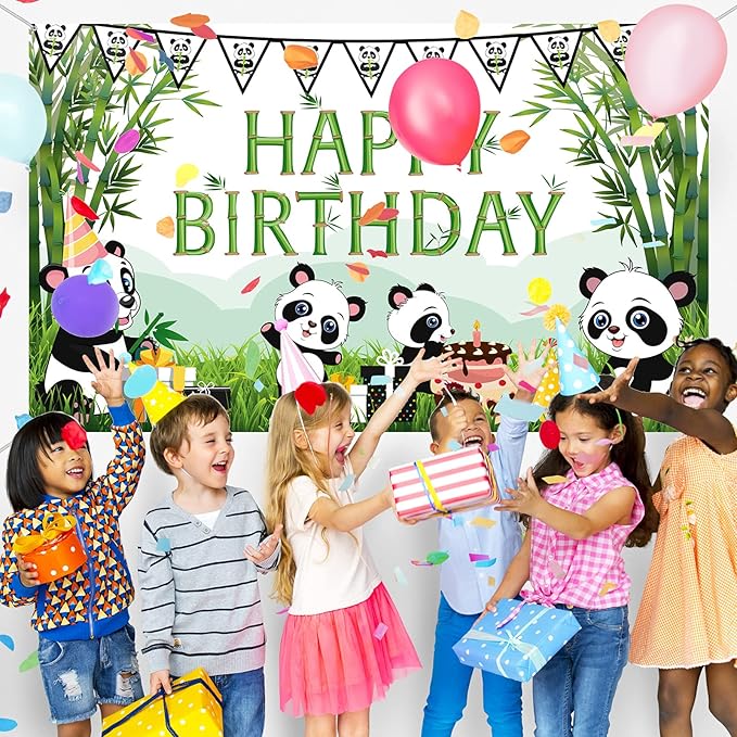 Cartoon Panda Birthday Decorations Panda Backdrop for Party Supplies Animal Themed Banner Green Bamboo Background Baby Shower Photo Background Kids Children Newborn Birthday Party Table Decor