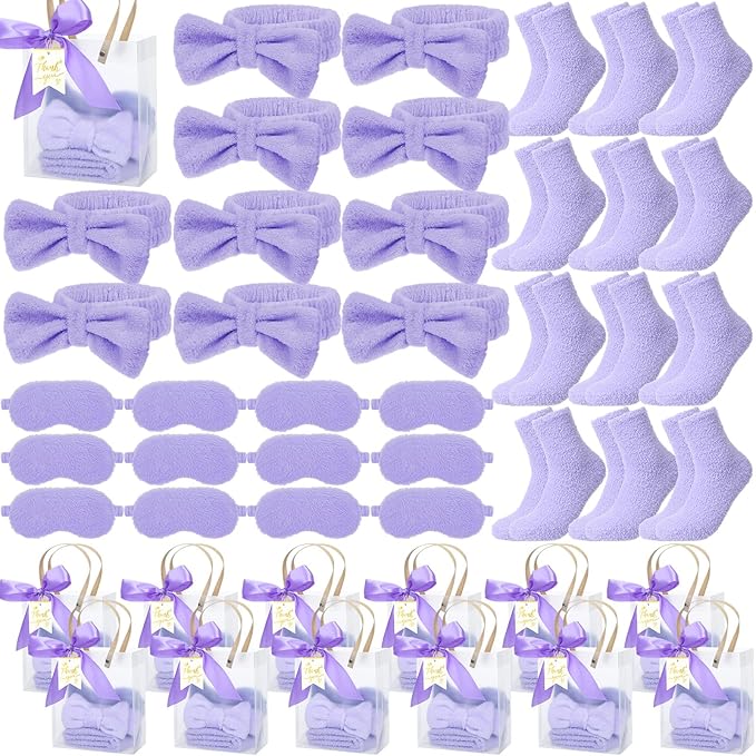 48 Pcs Spa Sleepover Party Supplies 12 Bow Headband 12 Plush Sleep Eye Mask Covers 12 Pair Fuzzy Sock 12 Gift Bags for Sleeping Sleepover Slumber Baby Shower Wedding Party Gift(Purple)