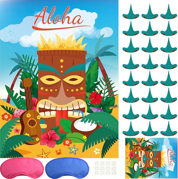 ASTARON Pin The Nose Game for Hawaiian Luau Party Pin Game for Aloha Tiki Party Supplies Tropical Party Game,Family Classroom Activities