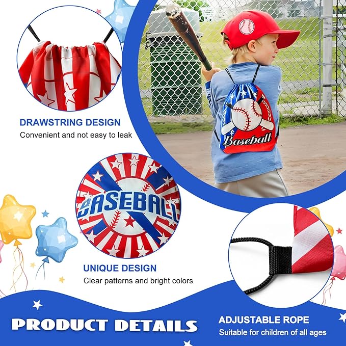 110Pcs Baseball Party Favors Drawstring Bags Baseball Goodie Bag with Mini Ball, Wristband, Slap bracelets, Keychains, Stickers for Baseball Party Supplies