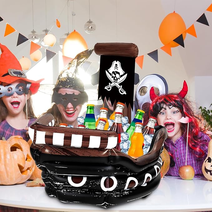 Zhanmai Inflatable Pirate Ship Drink Cooler Inflatable Serving Bar Food Container for Summer Carniva Mardi Gras Pirate Birthday Party Favor Supplies Decorations(Black,Classic)