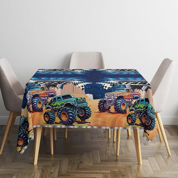 2 Pack Monster Truck Tablecloth for Kids Party 108" x 54", Machine Truck Boys Birthday Table Decor, Rectangle Waterproof Plastic Table Cover for Home, Classroom Party Supplies