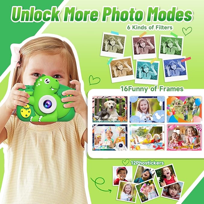 Kids Camera Toys for 3-8 Year Old Boys Girls, Dinosaur 1080P HD Selfie Digital Camera with 32GB Card, Christmas Birthday Gift for Kids