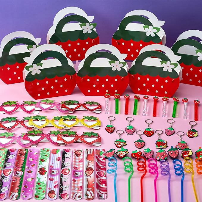 WHALEISLAND Strawberry Party Favor Sweet Berry gift bag Stickers Stampers Keychain Paper Straws Gift Rewards for Kids Girls Birthday Supplies