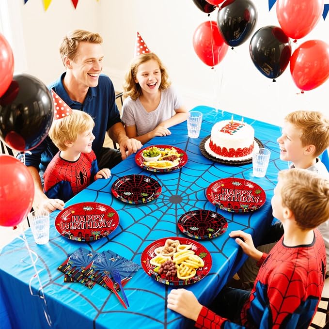 Grencian 96Pcs Cartoon Spider Birthday Party Decorations Red Blue Spider Birthday Plates and Napkins Disposable Hero Paper Tableware Set for Kids Baby Shower Super Theme Party Supplies, Serves 24