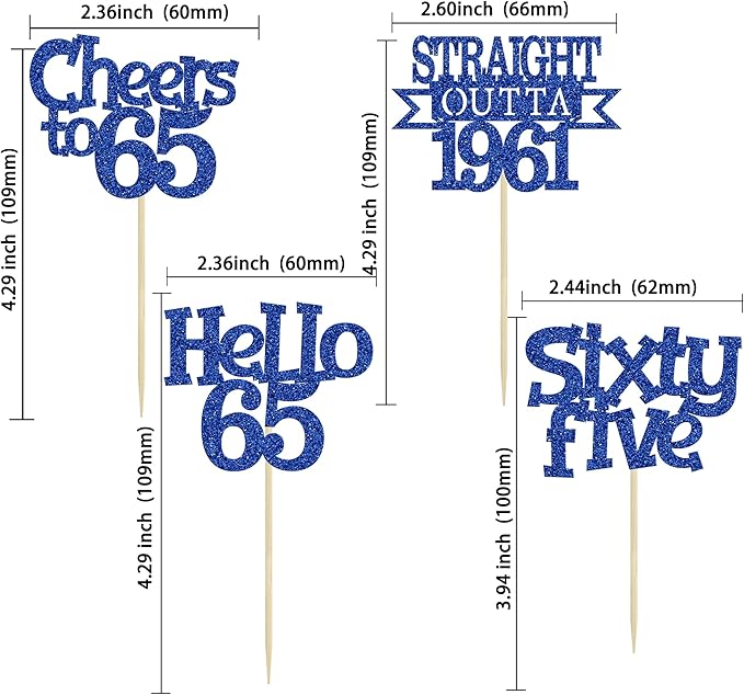 Ephlyn 24Pcs 65th Birthday Cupcake Toppers Glitter Straight Outta 1961 Cupcake Picks Hello 65 Cheers to 65 Years Cake Decorations for 65th Birthday Anniversary Party Decorations Supplies Blue