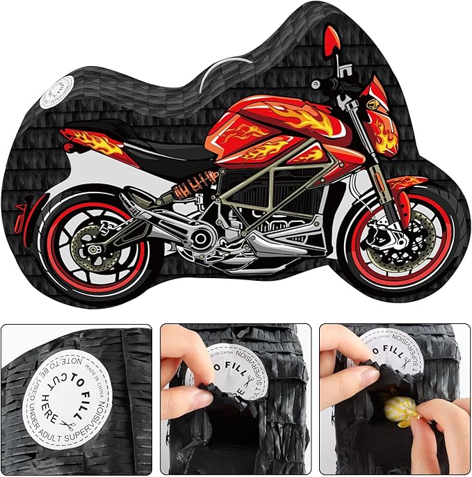 Hooqict Motorcycle Birthday Decorations Motorcycle Car Pinata with Pinata Stick & Blindfold for Kids Boys Racing Car Theme Birthday Party Supplies Decorations