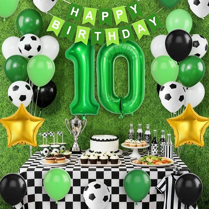 Soccer Birthday Party Decorations for Boys, 10th Soccer Birthday Decoration with Green Black White Balloons 'HAPPY BIRTHDAY' Banner Cake Toppers 32in Foil 10 Balloon for Boys Sports Party Decor