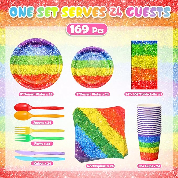 Zhehao 169 Pcs Rainbow Party Decorations Supplies with Disposable Tablecloths Plates Napkins Cups Straws Knives Forks Serve 24 Guests for Birthday Bridal Shower Rainbow Pride Party Favor (Colorful)