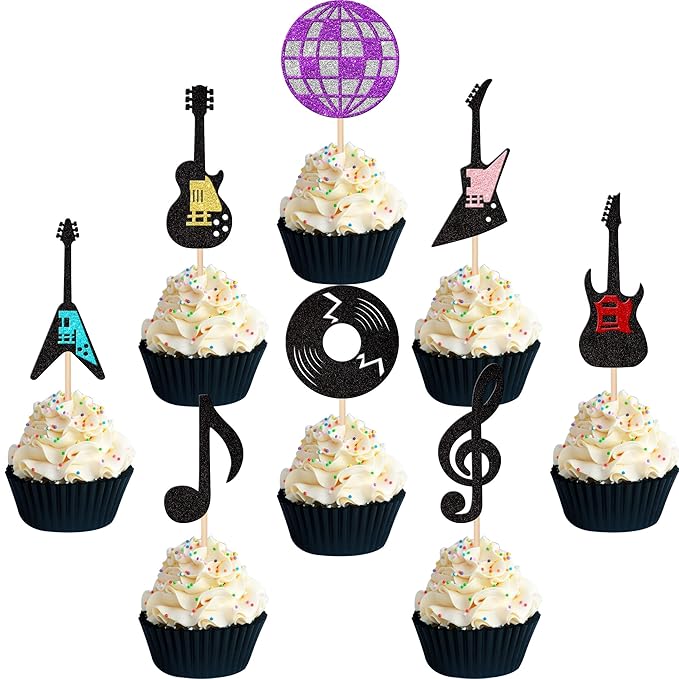 24 PCS Music Notes Cupcake Toppers Glitter Guitar Rock Cupcake Picks Disco Ball Music Cupcake Decorations for Musician Rock and Roll Theme Baby Shower Kids Birthday Party Cake Decorations Supplies