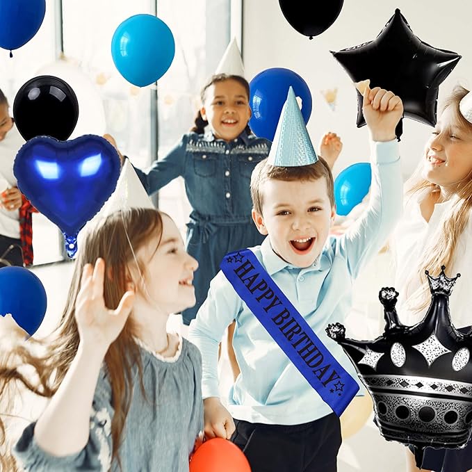 Black And Blue Birthday Decorations for Men,Fringe Curtains Happy Birthday Banner,Red balloons,Cake Toppers for Boys