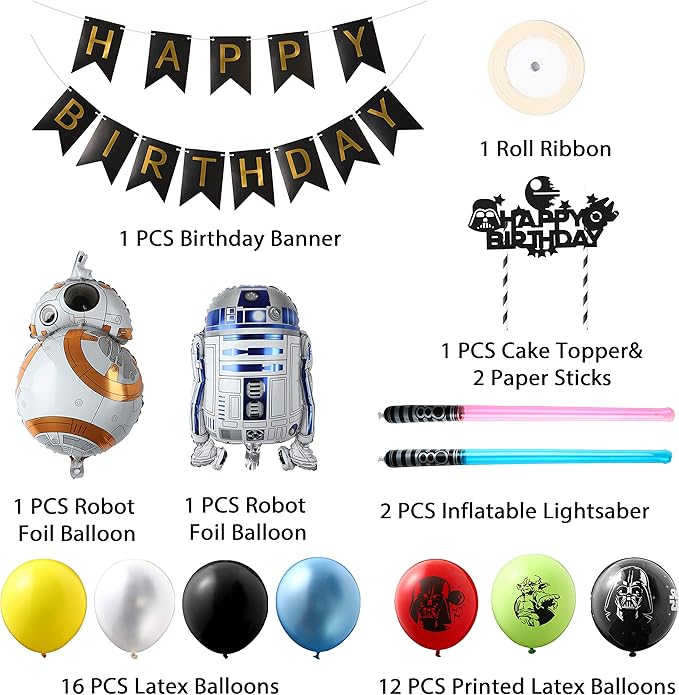 Haooryx 35PCS Galaxy Wars Birthday Party Favor Supplies for Kids, Black Series Birthday Banner Darth Vader Cake Topper Decoration Latex Balloons War Lightsaber BB8 Robot Aluminum Foil balloons