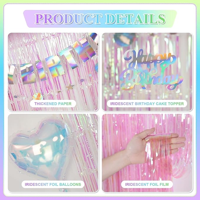 Mermaid Birthday Decorations for Girls Women, Iridescent Birthday Party Decorations, Happy birthday Banner, Pastel Balloons, Fringe Curtains, Star Garland, Cake Toppers for Under the Sea Party Decor