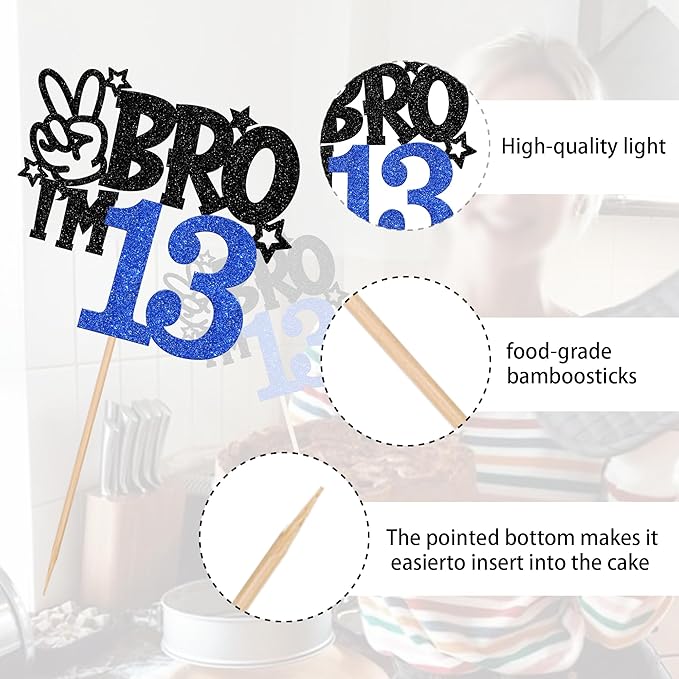 1 PCS Brother I'm 13 Cake Topper Glitter Star Happy 13th Birthday Cake Pick Bro I'm 13 Cake Decoration It's My 13th Birthday Decorations for Boys Cheers to 13 Years Old Birthday Party Supplies Blue