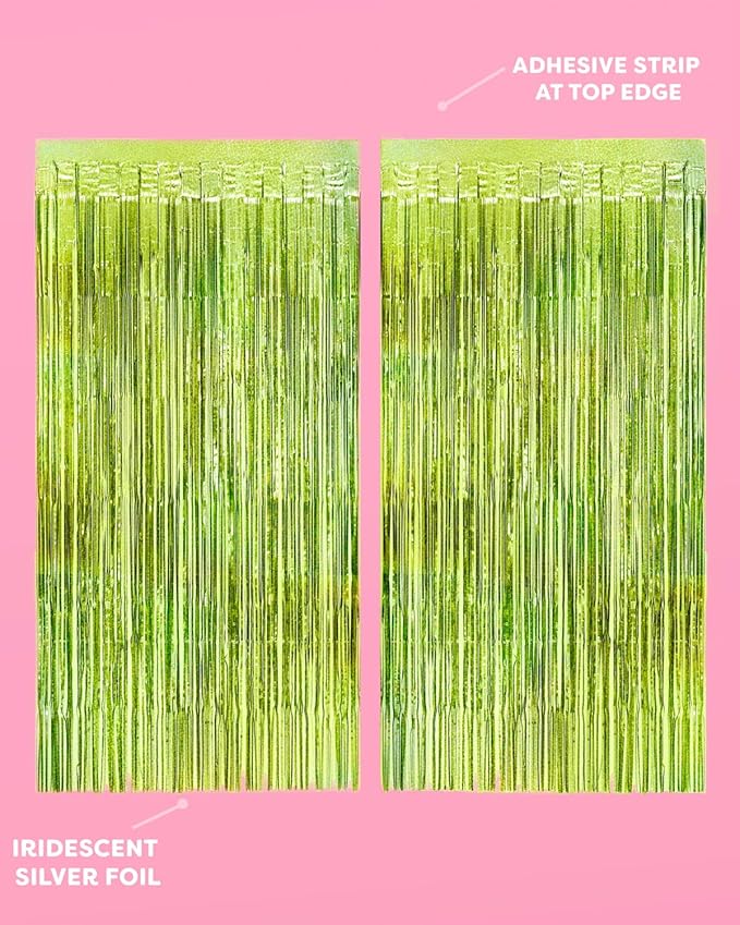 xo, Fetti Party Decorations Lime Green Foil Curtain - Set of 2 | Bachelorette Party Supplies, Birthday Photo Booth, Margartia Bach Decor, Bridal Shower Backdrop