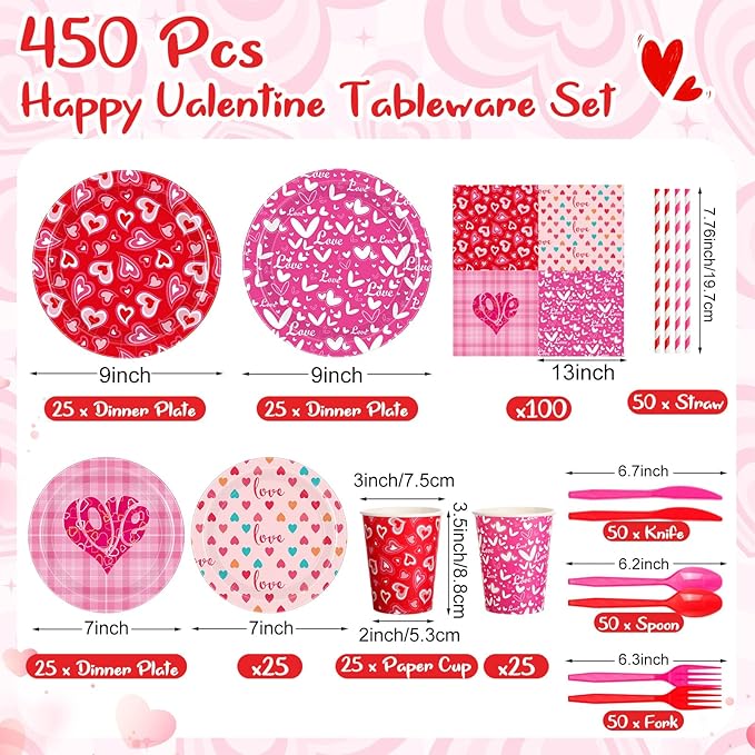 450 Pcs Valentines Tableware Set Decorations, Heart Love Design Paper Plates Napkins Cups Cutlery Straws for Kids Classroom Valentine's Day Galentines Day Party Supplies, Serves 50