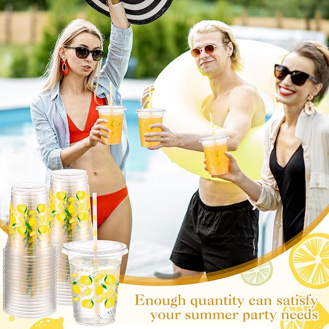 Yungyan 50 Sets 16 oz Lemon Plastic Cups Lemonade Cups with Lids and Straws Disposable Yellow Fruit Ice Coffee Juice Drinking Cup for Lemonade Stand Supplies Birthday Baby Shower Party Decoration