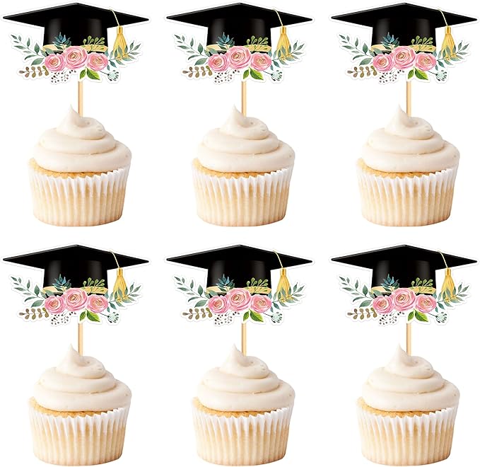 Cyodoos24 PCS Graduation Theme Cupcake Toppers Flower Graduate Cupcake Picks Students Graduation Theme Party Cake Decorations Supplies