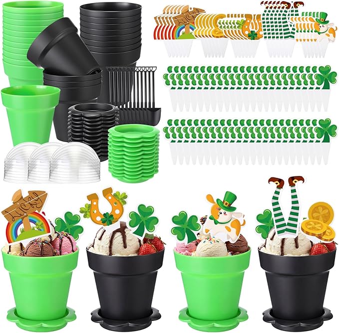 24 Sets St. Patrick's Day Cupcake Pots Kit 24 Plastic Dessert Cups with 78 Shamrock Lucky Cupcake Toppers Irish Party Decoration for Dessert Cake Ice Cream Party Activities Supplies