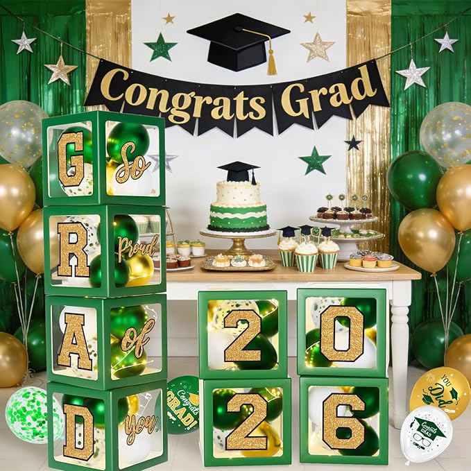 Graduation Decorations 2026 - Green and Gold Graduation Decorations - Set of 4 Balloons Boxes with Letters 2026 GRAD So Proud of You, Congrats Grad Party Decorations for Any Grades