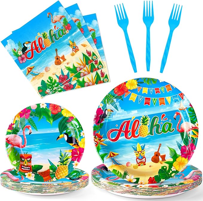 96Pcs Luau Aloha Party Decorations, Hawaiian Birthday Party Supplies Bundle Luau Plates and Napkins, Summer Tropical Birthday Party Decorations Serves 24