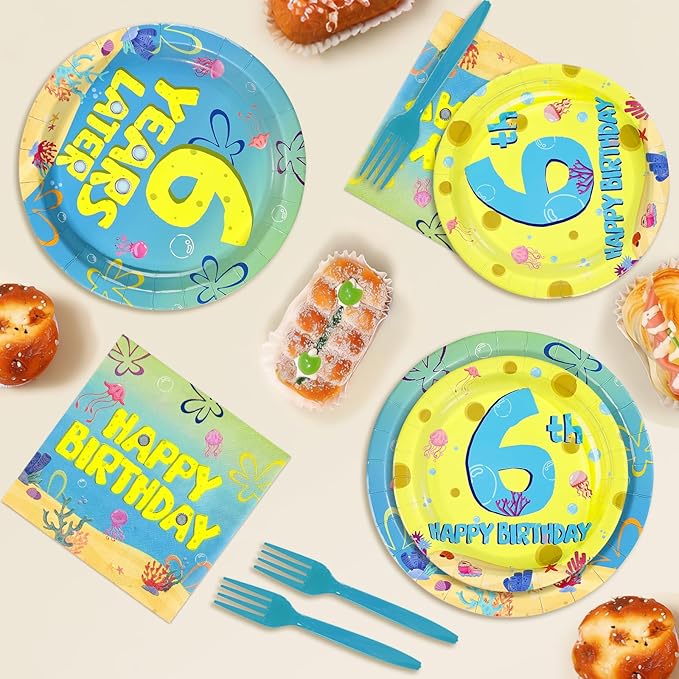 96Pcs Yellow Cartoon Party Supplies 6th Birthday Plates and Napkins Blue Yellow Ocean Disposable Paper Tableware for adults Underwater Birthday Party Supplies Serves 24