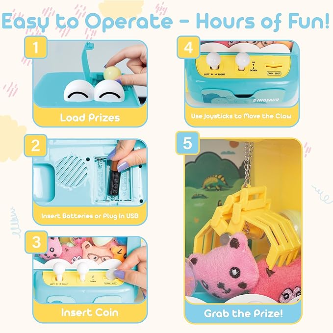 Claw Machine for Kids - Mini Arcade Game - Vending Machine - Candy Grabber Toys - Silent Mode, Lights, USB - Plush Toys & Easter Eggs, Surprise Stickers - Fun Gift for Kids, Boys & Girls (Dinosaur)