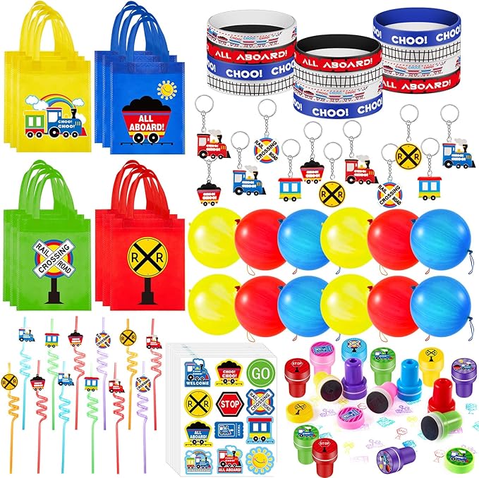 Sumind 228 Pcs Train Party Favors Birthday Decoration Non Woven Goodie Bags Plastic Straws Punch Balloons Stamps Stickers Silicone Wristbands for Train themed Birthday Party Supplies