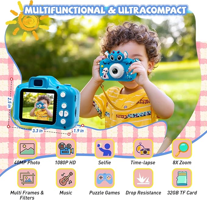 Kids Camera 2PCS Toddler Digital Camera Little Girls Toy Camera for 3 4 5 7+ Years Old Boys Christmas Birthday Gifts for Kids Digital Camera 40MP Dual Lens 1080P HD Video Selfie Camera 32GB SD Card