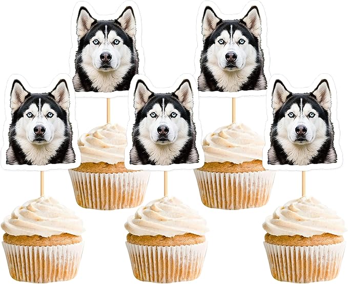 Ercadio 24 Pcs Pet Dog Puppy Cupcake Toppers Dog Themed Birthday Party Supplies Cute Huskies Puppy Birthday Party Baby Shower Party Cake Decorations