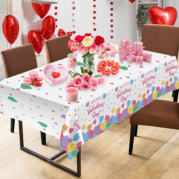 2 Pack Happy Valentines Day Tablecloth - Valentine's Day Tablecloths Plastic, Disposable Rectangle Colorful Love Heart Valentine Table Cloth Cover for Wedding Anniversary Party Decoration,54x108 Inch