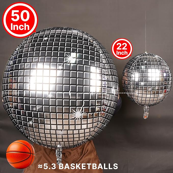PartyWoo Silver Disco Ball Foil Balloons 3pcs 50 Inch Large Round Foil Big Giant 4D Jumbo Inflatable Mirror Ball Mylar Balloons for Graduation Birthday Engagement Space Themed Party Decorations