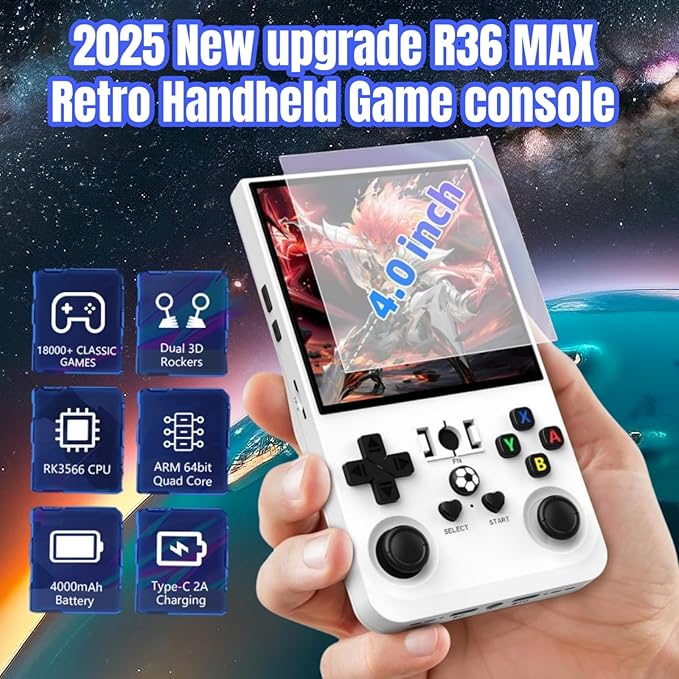 2025 New Upgrade R36MAX Retro Handheld Game Console, 4.0 Inch IPS Video Gaming Console with 64GB TF Card Over 20000+ Pre-Installed Retro Games, 4000mAh Battery (White)