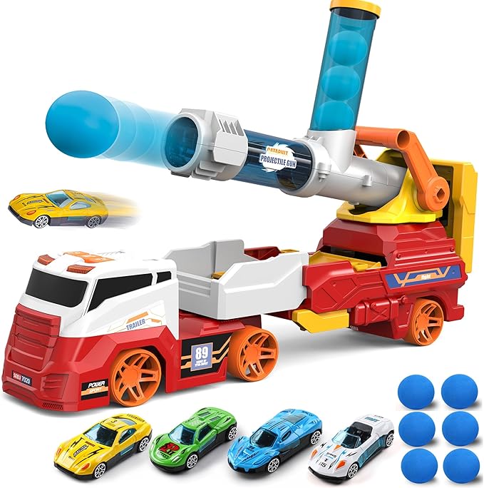 Dwi Dowellin Truck Toys for Kids, 28" Large Car Toys Include 4 Racing Cars+6 Ball, with Light & Sounds, Eejection&Shooting Transport Cars Toy, Gifts for Boys Girls-RED