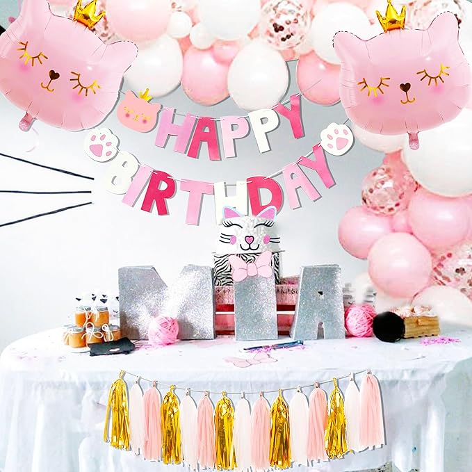 Pink Cat Birthday Party Decoration Kitty Cat Balloons Cat Kitty Birthday MEOW Banner Meow Party Supplies Pink Cat Kitty Cake Decoration