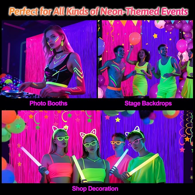 Glow in The Dark Party Supplies 2 Pack Neon Party Decorations Fluorescent Tinsel Foil Fringe Curtains Photo Booth Prop Backdrop Streamer Blacklight Decorations (Neon Hot Pink+Neon Purple)