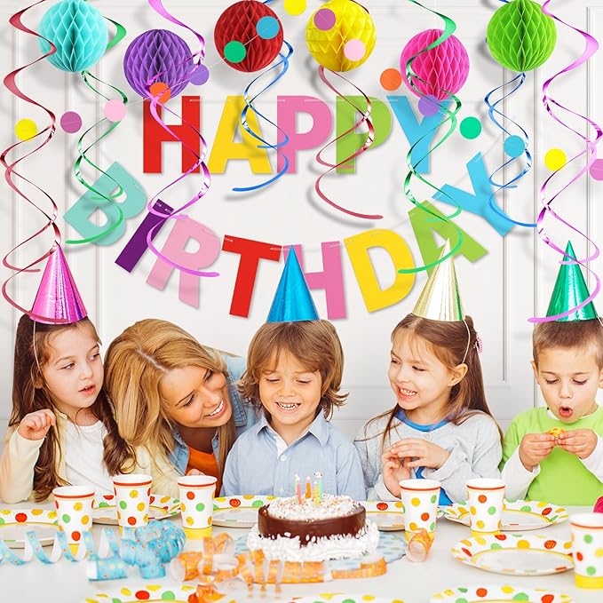 Colorful Birthday Decorations Kit - 16-Piece Set with Pre-Strung Happy Birthday Banner, Honeycomb Balls, Garland & Swirls | Rainbow Theme Party Supplies for Women Men Kids, Teens Adults