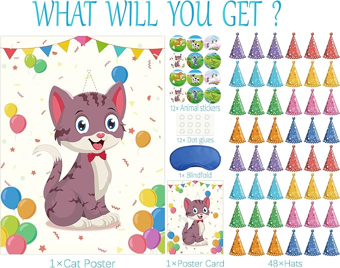 Morcheiong Pin The Tail on The Cat Birthday Party Game with 48 Hats, Cat Themed Birthday Party Favors Supplies Decorations for Kids
