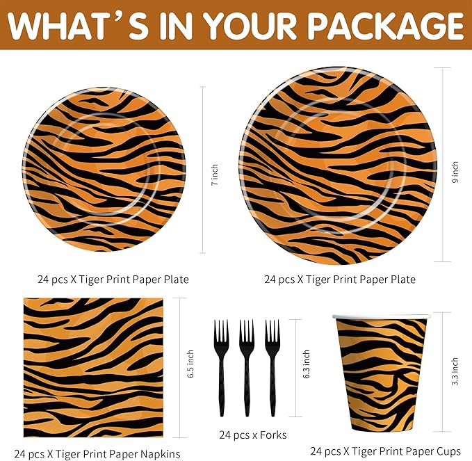 Tiger Print Birthday Plates And Napkins Party Supplies, Safari Jungle Animal Tiger Texture Print Party Decorations Tableware, Plate, Cup, Napkin, Fork | Serves 24