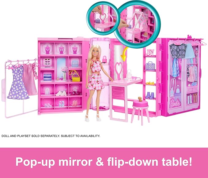 Barbie Dream Closet Toy Playset with Clothes & Accessories, 3-ft-Wide with 25+ Pieces, 4 Complete Fashion Looks