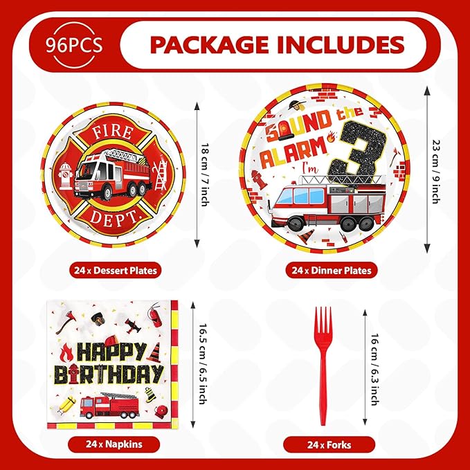 96Pcs Fire Truck 3rd Birthday Decorations Firefighter 3rd Birthday Plates and Napkins Tableware Sets Sound the Alarm Party Decorations for Boys Firetruck Fireman 3 Years Old Party Supplies Serve 24